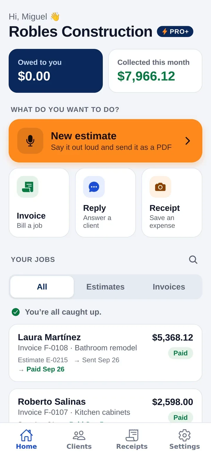Chambaly app home screen showing jobs, estimates and invoices
