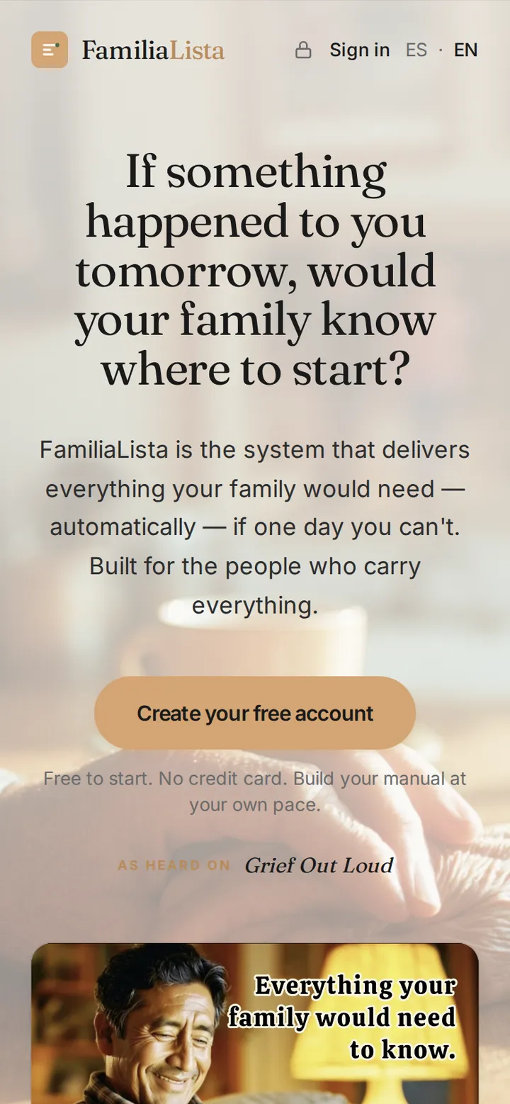 FamiliaLista home page on a phone